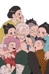  4girls 5boys :o affectionate black_hair black_pants bow-shaped_hair brother_and_sister brothers brown_kimono buzz_cut calling carrying child child_carry closed_eyes demon_slayer_uniform family female_child gohanha118 green_pants grey_hair group_hug hair_bun hair_pulled_back hand_on_another&#039;s_back hand_on_another&#039;s_shoulder hand_up happy highres holding_hands hug japanese_clothes kimetsu_no_yaiba kimono knees_up leg_belt leg_wrap long_sleeves looking_at_another looking_away looking_to_the_side male_child mohawk multiple_boys multiple_girls pants pink_kimono profile red_kimono scar scar_on_arm scar_on_chest scar_on_face scar_on_forehead scar_on_nose shinazugawa_genya shinazugawa_hiroshi shinazugawa_koto shinazugawa_sanemi shinazugawa_shizu shinazugawa_shuya shinazugawa_sumi shinazugawa_teiko short_hair siblings simple_background single_hair_bun sisters sitting sitting_on_lap sitting_on_person updo very_short_hair violet_eyes white_background wide_sleeves yellow_eyes yellow_kimono 
