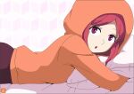 1girl atelier_gons chestnut_mouth hoodie lying pink_background