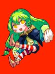  1girl :d aygoftenover black_shorts chibi fang green_hair hair_between_eyes hair_ornament highres jester kfufu_(shy) long_hair long_sleeves open_mouth orange_eyes red_background red_thighhighs shoes shorts shy_(series) simple_background sleeves_past_fingers sleeves_past_wrists smile solo striped striped_thighhighs thigh-highs white_thighhighs 