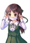  1girl brown_eyes brown_hair dress frilled_shirt_collar frills green_dress green_ribbon hair_ribbon hands_up idolmaster idolmaster_cinderella_girls kawaseki long_hair long_sleeves looking_to_the_side mask mouth_mask neck_ribbon ribbon simple_background solo surgical_mask tachibana_arisu upper_body white_background 