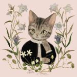  1other absurdres animal_focus arm_up black_shirt cat character_name closed_mouth collar flower frilled_collar frills highres long_sleeves looking_to_the_side no_humans original pink_background portrait shirt simple_background smile tono_(rt0no) whiskers white_flower 
