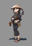  1girl black_footwear black_hair black_jacket black_pants breasts brown_headwear commentary commission english_commentary erica_(naze1940) grey_background gun hat highres hip_flask jacket light_machine_gun long_hair looking_away machine_gun original pants rice_hat rpd sandals simple_background small_breasts solo weapon 