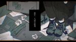  1boy chromatic_aberration commentary crumpled_paper english_commentary highres kageyama_shigeo knees_up letterboxed male_focus mob_psycho_100 monochrome mp100days pants paper shoelaces shoes sneakers solo translation_request 