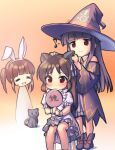  3girls animal_ears black_cat black_hair blue_hair blunt_bangs blush boots brown_eyes brown_hair cat cat_ears closed_eyes dress embarrassed fake_animal_ears frilled_dress frills halloween_costume hat idolmaster idolmaster_cinderella_girls kawaseki multiple_girls musical_note ogata_chieri open_mouth puffy_short_sleeves puffy_sleeves rabbit_ears red_eyes sajo_yukimi short_sleeves sidelocks sitting sketch smile sweatdrop tachibana_arisu twintails witch witch_hat wrist_cuffs 