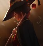 1girl brown_background brown_hair from_side gradient_background hat highres holding holding_staff kono_subarashii_sekai_ni_shukufuku_wo! looking_down megumin red_eyes short_hair shui_cao_yu solo staff upper_body witch_hat 