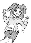  1girl dated feet_out_of_frame greyscale hands_up hood hoodie idolmaster idolmaster_(classic) kawaseki long_hair looking_at_viewer monochrome open_mouth shorts simple_background sketch smile solo takatsuki_yayoi twintails 