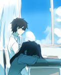  1boy 1girl aaniko black_eyes black_hair blue_sky chair closed_mouth clouds collared_shirt commentary_request curtains day desk enomoto_takane facing_down from_side hair_between_eyes head_on_table head_rest indoors kagerou_project kokonose_haruka long_hair looking_down mole mole_under_eye on_chair open_collar pale_skin partial_commentary profile school_desk shirt short_hair short_sleeves sitting sketch sky sleeping sleeping_upright smile summer_uniform sweater_vest twintails upper_body white_shirt window yellow_sweater_vest 