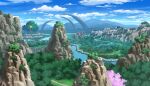  blue_sky building bush cherry_blossoms clouds cloudy_sky highres hill landscape mountain mountainous_horizon no_humans original path plant plateau river riverbank scenery sign sky tree water waterfall watermark yu02257951 