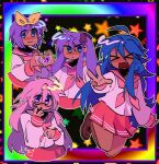  &gt;_&lt; 4girls alternate_skin_color blue_eyes blue_hair bow brown_footwear closed_eyes closed_mouth commentary dark-skinned_female dark_skin english_commentary fang glasses heart heart_hands hiiragi_kagami hiiragi_tsukasa izumi_konata k1tiii long_hair long_sleeves looking_at_viewer lucky_star multiple_girls neckerchief open_mouth pink_hair pink_neckerchief pink_sailor_collar pink_skirt pleated_skirt purple_hair ryouou_school_uniform sailor_collar school_uniform serafuku shirt shoes short_hair siblings signature sisters skirt smile star_(symbol) takara_miyuki white_shirt yellow_bow 