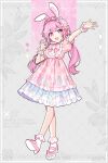  1girl :d animal_ears bow bowtie dress fake_animal_ears frilled_dress frilled_sleeves frills hairband highres lolita_fashion lolita_hairband looking_at_viewer low_twintails ootori_emu open_mouth pink_bow pink_bowtie pink_dress pink_eyes pink_footwear pink_hair project_sekai puffy_short_sleeves puffy_sleeves rabbit_ears rainbow_print shoes short_sleeves smile socks solo twintails unicorn_print waka_(wk4444) white_socks wrist_cuffs 