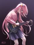  1girl artist_name black_skirt black_socks blue_eyes bocchi_the_rock! closed_mouth cube_hair_ornament gotou_hitori gradient_background guitar hair_ornament highres instrument jacket long_hair music one_side_up parisa_reaz pink_hair pink_jacket playing_instrument pleated_skirt sidelocks skirt socks solo standing very_long_hair 