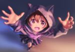  1girl akagi_miria animal_hood blush brown_eyes brown_hair claw_pose fangs from_above full_body hood hoodie idolmaster idolmaster_cinderella_girls kawaseki long_sleeves open_mouth reaching reaching_towards_viewer short_hair skirt smile solo 