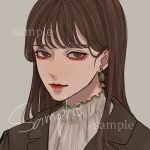  1girl brown_eyes brown_hair brown_jacket closed_mouth commission earrings grey_background highres jacket jewelry kagoya1219 lapels long_hair looking_at_viewer notched_lapels original portrait sample_watermark shirt simple_background solo straight_hair watermark white_shirt 
