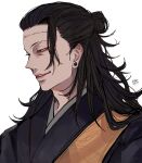  1boy black_hair black_kimono earrings getou_suguru hair_bun half-closed_eyes half_updo highres japanese_clothes jewelry jujutsu_kaisen kagoya1219 kimono long_hair looking_away male_focus parted_lips scar scar_on_face scar_on_forehead signature simple_background single_hair_bun smile solo upper_body white_background 