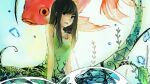1girl air_bubble black_eyes black_hair goldfish green_dress kelp looking_at_viewer underwater wallpaper