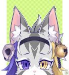  1girl :&lt; animal_ear_fluff animal_ears animal_nose bell black_hairband blonde_hair braid cat_ears cat_girl cat_skull checkered_background commentary dated furry furry_female green_background grey_fur grey_hair hair_ornament hairband heterochromia high_ponytail highres jingle_bell ko_myth multicolored_hair pillarboxed purple_hair quantum_(housamo) self-upload signature skull_hair_ornament solo tokyo_afterschool_summoners violet_eyes yellow_eyes 