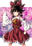  1girl bare_shoulders black_hair bow brown_eyes closed_mouth detached_wings feet_out_of_frame frilled_skirt frills hair_bow hair_tubes hakurei_reimu highres inuno_rakugaki japanese_clothes looking_at_viewer navel nontraditional_miko red_bow red_skirt ribbon-trimmed_sleeves ribbon_trim short_hair sidelocks skirt smile solo touhou wide_sleeves wings 