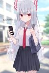  1girl alternate_costume bag black_skirt blurry blurry_background blush bow cellphone closed_mouth collared_shirt commentary_request cowboy_shot fujiwara_no_mokou grey_hair hair_bow highres holding holding_phone long_hair looking_at_viewer momomaron necktie outdoors phone pleated_skirt red_bow red_eyes red_necktie shirt shoulder_bag skirt sleeves_past_elbows smartphone solo touhou twitter_username very_long_hair white_bow white_shirt 