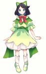  1girl aqua_eyes black_hair blush bow bowtie commentary_request dress eyelashes frills full_body green_dress green_footwear hair_ornament hairclip highres liko_(pokemon) looking_at_viewer medium_hair parted_lips pokemon pokemon_(anime) pokemon_horizons red_bow red_bowtie shoes sketch socks solo ukocome white_background 