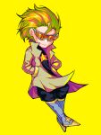  1boy aygoftenover blonde_hair boots brown_coat chibi coat facing_viewer full_body goggles hands_in_pockets highres long_sleeves male_focus open_clothes open_coat short_hair shy_(series) simple_background smile solo star_(symbol) stardust_(shy) yellow_background 