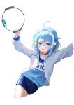  1girl absurdres ahoge blue_eyes blue_hair blue_nails blue_shirt blue_shorts character_request collarbone highres indie_virtual_youtuber long_sleeves looking_at_viewer manimarough medium_hair ring_fit_adventure shirt shorts solo sweat transparent_background virtual_youtuber 