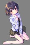  1girl bare_legs barefoot black_dress black_hair blush brown_eyes dress full_body grey_background hood hoodie idolmaster idolmaster_cinderella_girls kawaseki looking_at_viewer open_clothes open_hoodie purple_hoodie shiragiku_hotaru short_hair simple_background sitting smile solo yokozuwari 