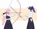  2girls ahoge aiming alternate_costume arrow_(projectile) black_choker black_gloves bow_(weapon) chinese_commentary choker closed_mouth elysia_(honkai_impact) gloves heart high_ponytail highres honkai_(series) honkai_impact_3rd long_hair looking_at_another multiple_girls pink_hair pointy_ears ponytail purple_hair raiden_mei shirt shiyuki_(yuki_09_22) simple_background single_glove smile standing sword violet_eyes weapon white_shirt white_sleeves wooden_sword 