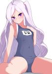  1girl absurdres blue_archive grey_hair hair_ornament hairpin highres hina_(blue_archive) hina_(swimsuit)_(blue_archive) long_hair looking_at_viewer nise_no_tsubo official_alternate_costume purple_hair school_swimsuit swimsuit thighs violet_eyes white_hair 