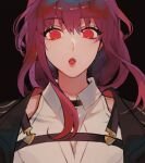  1girl black_jacket collared_shirt commentary highres honkai:_star_rail honkai_(series) jacket kafka_(honkai:_star_rail) lemonade_1610 long_hair looking_at_viewer open_clothes open_jacket open_mouth purple_hair red_eyes shirt solo upper_body white_shirt 