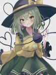  1girl atory black_headwear blush bow commentary green_eyes green_hair green_skirt grey_background hat hat_bow heart heart_of_string koishi_day komeiji_koishi long_sleeves looking_at_viewer shirt short_hair simple_background skirt smile solo third_eye touhou yellow_bow yellow_shirt 