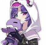  1girl animal_hood bear_hood black_gloves black_jacket blue_eyes blush bone_hair_ornament gloves hair_ornament heterochromia hood hood_up hoodie jacket nijisanji nijisanji_en official_alternate_costume purple_hair selen_tatsuki selen_tatsuki_(3rd_costume) short_hair simple_background single_glove smile solo sumiya_nadateru violet_eyes white_background white_hoodie 