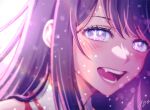  10ttruck 1girl blush commentary highres hoshino_ai_(oshi_no_ko) looking_at_viewer open_mouth oshi_no_ko portrait purple_hair signature smile solo star-shaped_pupils star_(symbol) symbol-shaped_pupils teeth violet_eyes 