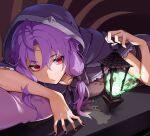  1girl alternate_costume alternate_eye_color arm_support bags_under_eyes black_nails cloak collarbone commentary_request fire flame green_fire highres holding holding_lantern hood hood_up hooded_cloak lantern looking_at_viewer lying neck_ribbon on_stomach open_mouth pillow purple_cloak purple_hair purple_ribbon red_eyes ribbon short_hair_with_long_locks solo toriniku29 vocaloid voiceroid yuzuki_yukari 