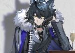  1boy animal_ears arknights arm_support arm_up black_gloves black_hair black_necktie black_suit cloak collared_shirt commentary cup drinking_glass ear_piercing formal frown fur-trimmed_cloak fur_trim gloves grey_cloak highres hou_(ppo) infection_monitor_(arknights) looking_at_viewer male_focus necktie piercing pinstripe_pattern pinstripe_suit profile shirt sidelocks solo striped suit symbol-only_commentary undershirt upper_body vigil_(arknights) white_shirt wine_glass wolf_boy wolf_ears yellow_eyes 
