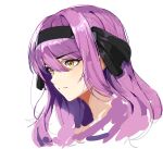  1girl black_hairband closed_mouth english_commentary gangzi_(vtuber) hair_between_eyes hairband highres indie_virtual_youtuber long_hair looking_to_the_side nogong portrait purple_hair simple_background solo virtual_youtuber white_background yellow_eyes 