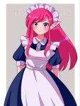  1girl apron artist_name blue_eyes blush grey_background highres long_hair looking_at_viewer maid maid_apron maid_headdress nonoworks pink_hair pointy_ears princess_zelda signature simple_background solo standing the_legend_of_zelda watermark 