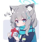  1girl animal_ear_fluff animal_ears arona&#039;s_sensei_doodle_(blue_archive) blue_archive blue_eyes blue_jacket blue_necktie blue_scarf blush closed_mouth commentary dated english_commentary gift grey_background grey_hair hair_ornament halo highres holding holding_gift jacket kurotofu long_hair long_sleeves looking_at_viewer necktie open_clothes open_jacket scarf sensei_(blue_archive) shiroko_(blue_archive) shirt solo two-tone_background upper_body white_background white_shirt 