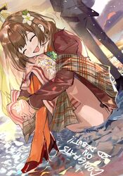  1girl brown_hair closed_eyes flower hair_flower hair_ornament hana_macchia highres jacket long_skirt nijisanji nijisanji_id open_clothes open_jacket orange_pantyhose pantyhose party_go_on! red_footwear red_jacket sitting skirt solo swept_bangs virtual_youtuber 