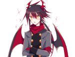  1boy black_hair black_shirt blush crossed_arms demon_boy demon_horns demon_wings gloves grey_jacket haiiro_teien hood hood_down horns ivlis jacket long_hair low_ponytail male_focus multicolored_hair open_mouth pointy_ears red_gloves red_scarf redhead scarf shirt solo white_background wings zenryoku_eimin 