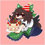  1girl birthday_cake black_wings bow brown_hair cake candle cape collared_shirt feathered_wings food frilled_shirt frilled_shirt_collar frilled_skirt frills green_bow green_skirt hair_between_eyes hair_bow hat holding holding_food holding_plate long_hair looking_at_viewer muuei open_mouth party_hat pink_background plate puffy_short_sleeves puffy_sleeves red_headwear reiuji_utsuho shirt short_sleeves simple_background skirt solid_circle_eyes solo strawberry_cake striped striped_headwear third_eye_on_chest touhou very_long_hair white_cape white_headwear white_shirt wings 