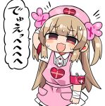  1girl apron bandaged_arm bandages brown_hair commentary_request fang kanikama long_hair natori_sana open_mouth pink_apron pink_headwear red_eyes sana_channel simple_background solo speech_bubble sweat translation_request two_side_up virtual_youtuber white_background 