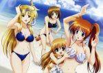  bikini breast_grab breasts crab crustacean diving_mask dutch_angle fate_testarossa heterochromia highres lens_flare long_hair mahou_shoujo_lyrical_nanoha mahou_shoujo_lyrical_nanoha_strikers ocean ponytail shell shell_bikini shells shirt_around_waist snorkel swimsuit swimsuit takamachi_nanoha tankini untied very_long_hair vivio wardrobe_malfunction yagami_hayate 