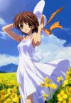  1girl antenna_hair clannad dress flower furukawa_nagisa hat highres official_art solo summer_dress sun_hat sundress white_dress wind_lift 
