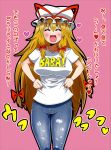  alternate_costume blonde_hair blush bow closed_eyes clothes_writing contemporary hair_bow hat heart jeans koshibata_zekuu long_hair open_mouth romaji shirt smile t-shirt touhou translated very_long_hair yakumo_yukari 