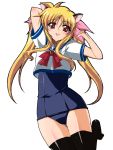  barefoot blight_sphere blonde_hair cat_ears fate_testarossa mahou_shoujo_lyrical_nanoha no_pants one-piece_swimsuit red_eyes school_swimsuit school_uniform serafuku swimsuit swimsuit_under_clothes thigh-highs thighhighs twintails 
