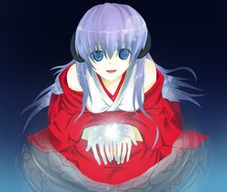  blue_eyes detached_sleeves hanyuu harano higurashi_no_naku_koro_ni horns japanese_clothes kimono kneeling long_hair miko purple_eyes water 