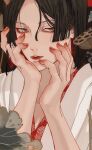  1boy bishounen brown_eyes brown_hair closed_mouth fingernails flower hands_on_own_face hands_up highres japanese_clothes kagoya1219 kimono looking_at_viewer lotus lotus_pod male_focus medium_hair original solo straight_hair upper_body white_kimono 