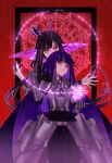  2girls ahoge armor black_background black_hair blue_cape cape closed_mouth crown dual_persona funamusea grirea_(funamusea) long_hair majiang mini_crown multicolored_background multiple_girls purple_hair red_background red_eyes smile twintails violet_eyes 