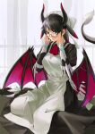  1girl absurdres apron ascot black_hair breasts bun_cover closed_mouth collared_dress commentary dragon_girl dragon_horns dragon_tail dragon_wings dress duel_monster glasses green_eyes hands_up highres ho_shi horns house_dragonmaid large_breasts long_dress long_sleeves looking_at_viewer maid maid_apron maid_headdress puffy_long_sleeves puffy_sleeves red_ascot sitting solo tail wariza white_apron wings yu-gi-oh! 