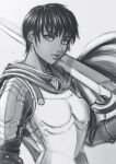  1girl armor berserk black_hair cape casca_(berserk) commentary_request emblem english_commentary eyelashes looking_at_viewer plate_armor short_hair simple_background sketch solo standing sword weapon white_background zetman92 